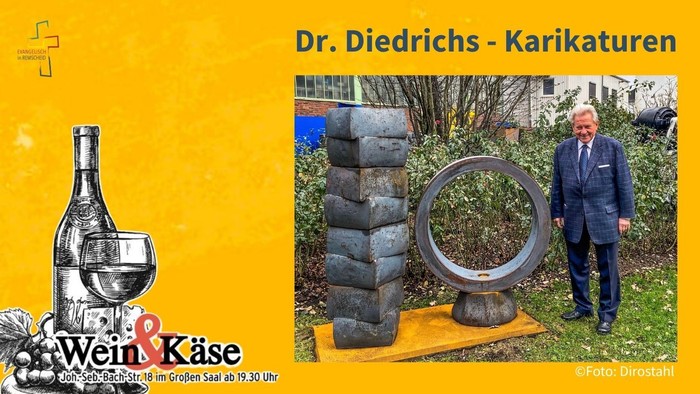 Werbeplakat mit Karikaturen von Dr. Diedrichs, Wein, Käse und einem Mann, der neben einer modernen Kunstskulptur posiert.