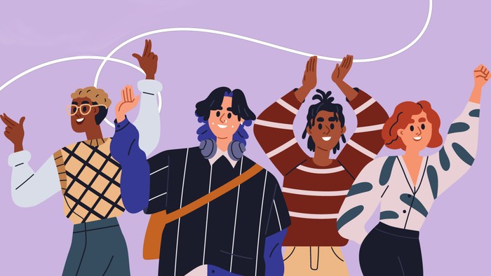 Vier junge Menschen feiern und heben die Hände