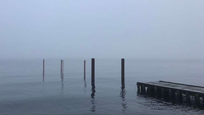 Tåget havlandskab med lodrette pæle, der strækker sig ud i det stille, disede vand.