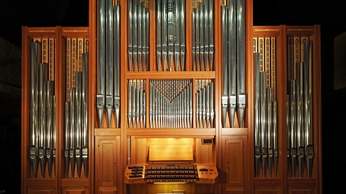 Ein großes Kirchenorgel mit Holzgehäuse und zahlreichen Pfeifen.