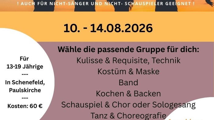 „Sommer-Musikcamp für Jugendliche im Alter von 13 bis 19 Jahren mit verschiedenen kreativen Gruppen und Aktivitäten vom 10. bis 14. August 2026.“