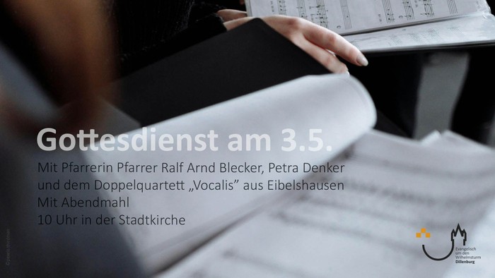 Bekanntmachung für einen Gottesdienst am 3. Mai mit Geistlichen, Sängern und einem Quartett sowie einem Abendessen um 10 Uhr.