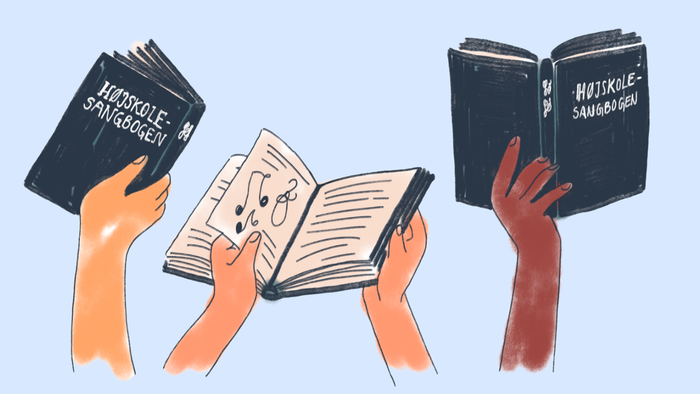 Hænder holder tre bøger op, hver med forskellige titler og indhold.