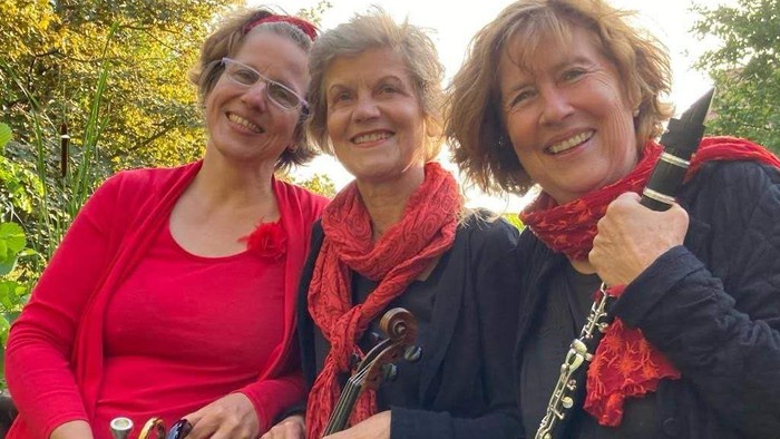 Drei Musiker posieren fröhlich im Freien und halten Blechblas-, Streich- und Holzblasinstrumente.