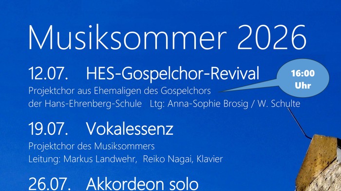 Plakat für das Musikfestival-Programm des Musiksommers 2026 mit verschiedenen Konzerten, inklusive Terminen, Künstlern und Veranstaltungsorten.
