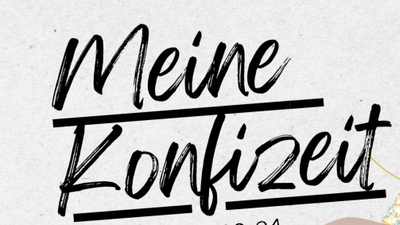 Handgeschriebener Text *„Meine Konfizeit“* mit bunten Stoffmustern und dekorativen Elementen, die ein besonderes Jubiläumsjahr feiern.