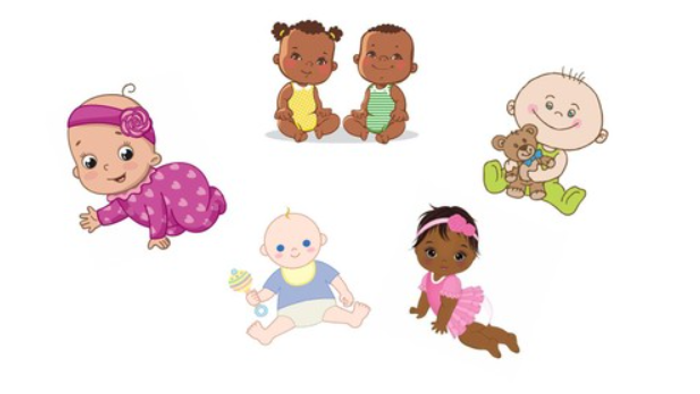 Viele Babys in bunten Outfits spielen fröhlich zusammen