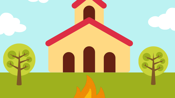 Illustreret plakat til en børnekirkearrangement med et bål og en kirkegrafik, mærket