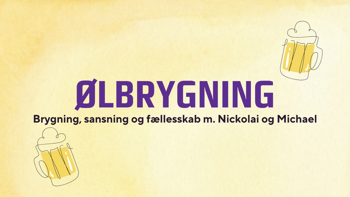 Reklamegrafik til en ølbrygningsbegivenhed med Nickolai og Michael, der fremhæver brygning, smagning og fællesskab.