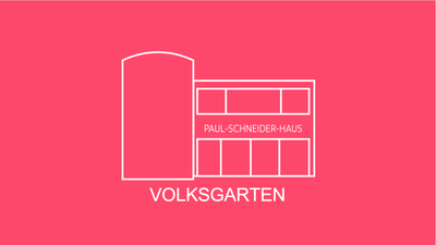 Minimalistische Strichzeichnung des Paul-Schneider-Hauses im Volksgarten auf rotem Hintergrund.
