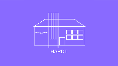 Minimalistische Strichzeichnung eines Gebäudes mit der Beschriftung „HARDT“ auf violettem Hintergrund.
