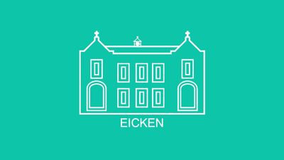 Eine minimalistische weiße Strichzeichnung eines prächtigen Gebäudes mit der Beschriftung „Eicken“ auf einem türkisfarbenen Hintergrund.