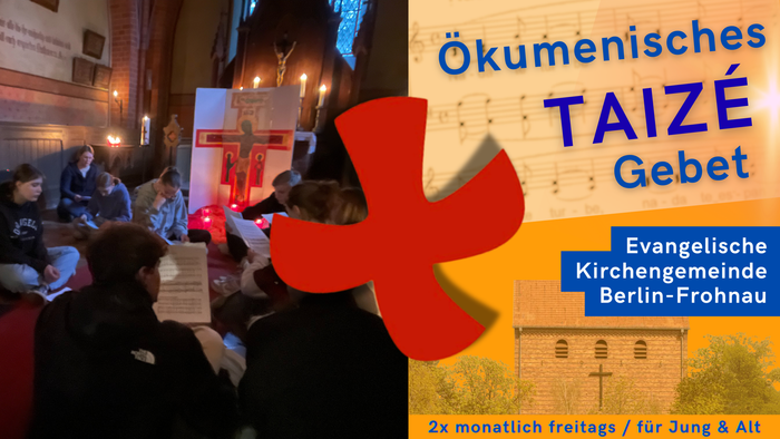 Gottesdienst in der Kirche, Plakat mit Kreuz und Text
