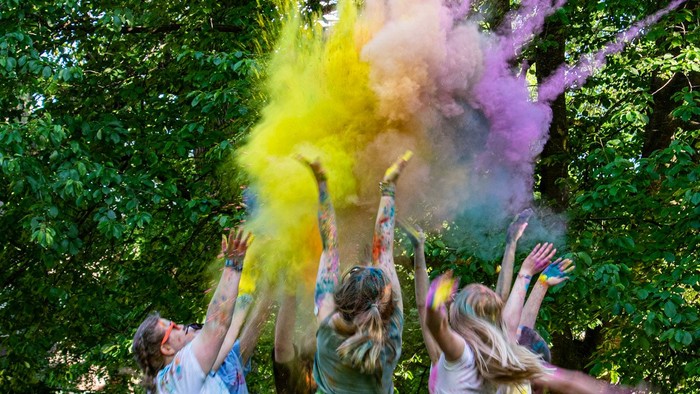 Bunte Pulverfeier mit Menschen, die fröhlich leuchtend gelbes, pinkes und violettes Pulver in einem Park werfen.