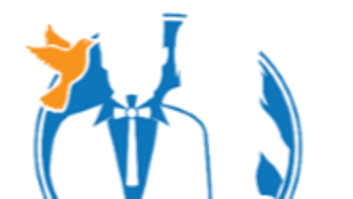 Et blå og orange logo med en stiliseret fugl og skriveværktøj.