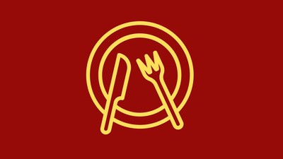 Lysende neonskilt af krydset kniv og gaffel i en cirkulær tallerken på rød baggrund.