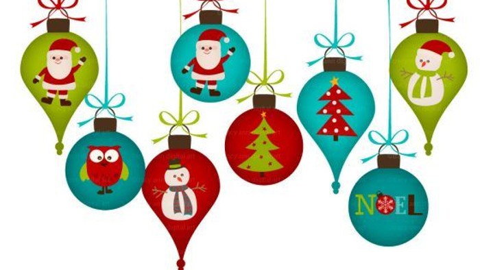 Colorful Christmas ornaments with holiday themes including Santa, snowman, owl, Christmas tree, and