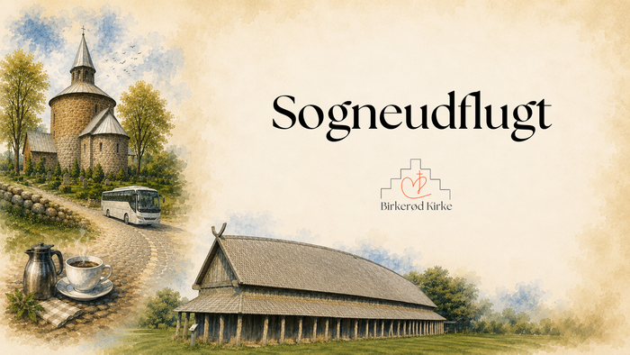 Illustreret plakat med traditionelt norsk landskab og Sogneudflugt-busturen med branding fra Birkerød Kirke.