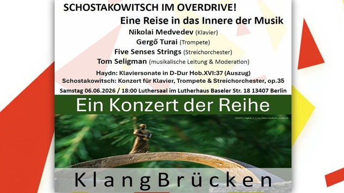 Ein Konzerthinweis mit Werken von Haydn und Schostakowitsch und in der unteren Bildhälfte ist eine Person die über eine Art Brückenbogen geht. Ein Konzert der reihe KlangBrücken