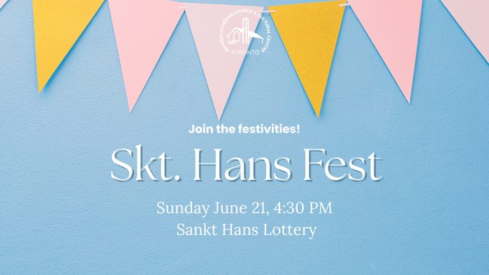 Invitation poster for Skt. Hans Fest event on June 21 at 4:30 PM, featuring festive decorations and lottery details.