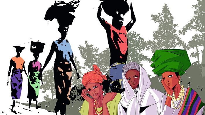 Bunte Illustration verschiedener Menschen, die Waren tragen und traditionelle Kleidung in einer ländlichen Umgebung tragen.