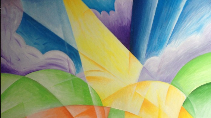 Lebendiges abstraktes Gemälde mit wirbelnden Farben und dynamischen Formen.