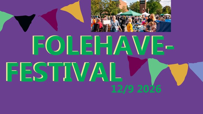 Reklamegrafik til Folehave Festival, der fejrer sit 279-års jubilæum med farverige trekantede dekorationer og billeder af folkemængder.