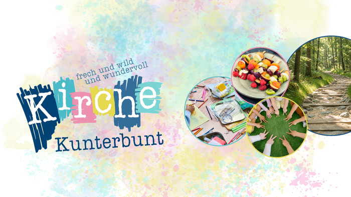 Banner für Kirche Kunterbunt mit buntem Hintergrund und Bildern von Kindern beim Basteln, Obstspießen und einem Weg