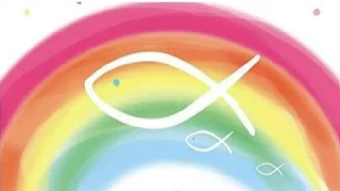 Ein farbenfroher Regenbogen mit Fischsymbolen und einem großen Fischsymbol in der Mitte.
