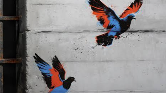 Lebendige Graffiti-Vögel in Blau, Orange und Schwarz, die vor einer Betonwand aufsteigen.