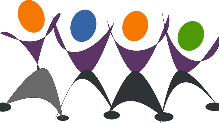 Four abstract figures with colorful heads standing together