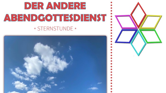 Plakat für einen Abendgottesdienst zum Thema „Ewiges Leben“ mit einer Gemeinde und Himmelsmotiven, geplant für den 24. April 2026.