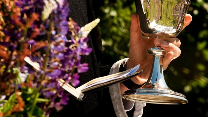 En person holder en sølv trofæ i en hage med blomster.