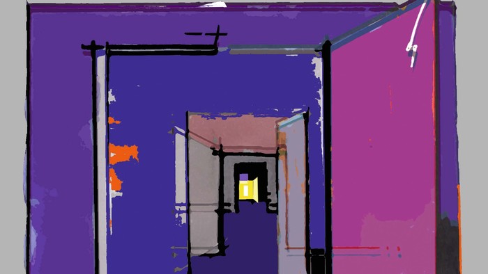 Abstrakter Aquarellstil-Flur mit lebendigen violetten und rosafarbenen Türen, die zu einem fernen Licht führen.
