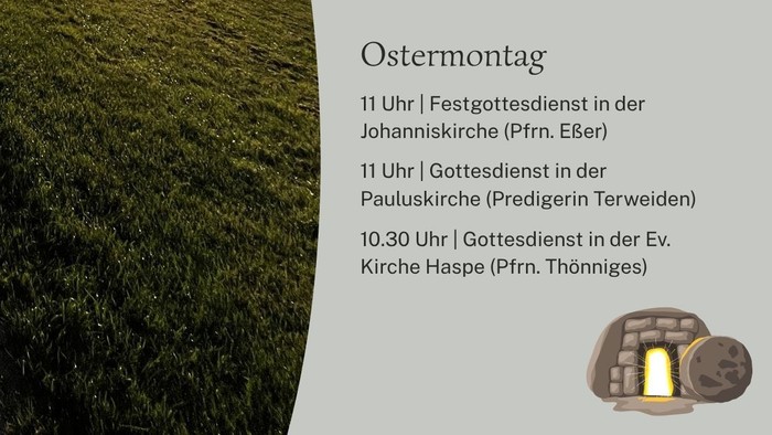 Oster-Gottesdienstplan mit verschiedenen Kirchenveranstaltungen und Zeiten in deutschsprachigen Regionen.