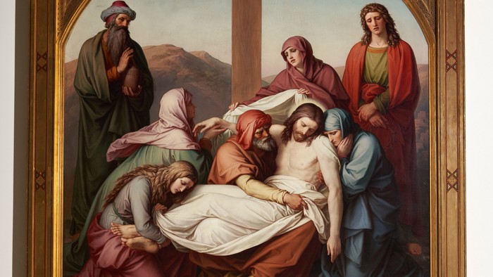 Religiöses Altarbild mit Darstellung der Grablegung Christi und darunterliegenden Trauerszenen.