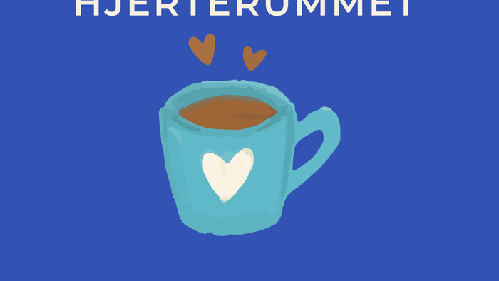 En blå baggrund med en lys blå kaffekop, der har et hvidt hjerte, damp der stiger med små hjerter, og teksten **