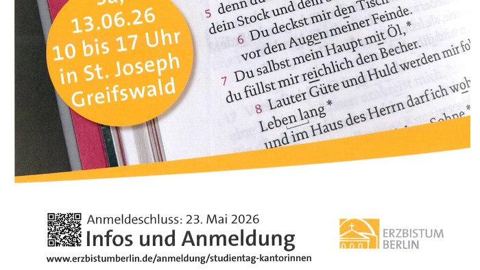 Veranstaltungsflyer für einen Studientag für Kirchenmusiker in St. Josef Greifswald am 13. Juni 2026.