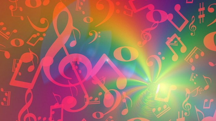 Bunte Musiknoten und Symbole strahlen hell