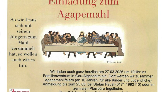 Bild vom letzten Abendmahl. Mit dem Einladungstext zum Agapemahl