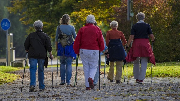 Gruppe älterer Menschen, die gemeinsam draußen mit Gehstöcken auf einem Schotterweg spazieren.