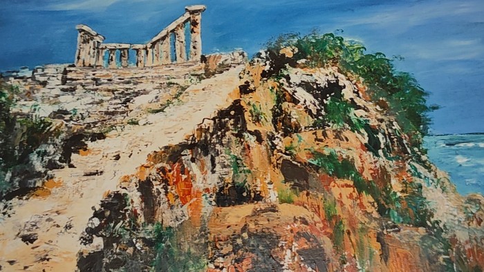 Gemälde antiker Ruinen auf einem felsigen Klippenrand nahe dem Ozean.