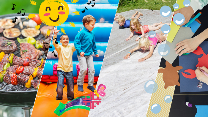 Billede af barbecue, børn på bouncer og lege med papir.