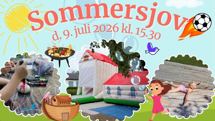 Sommerfestplakat med aktiviteter som Noas Ark, hoppeborg og sport den 9. juli 2026 kl. 15:30.
