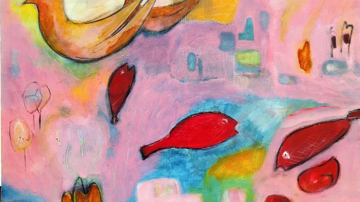 Lunefuldt abstrakt maleri med flyvende fugle, røde former og livlige, drømmende landskaber.