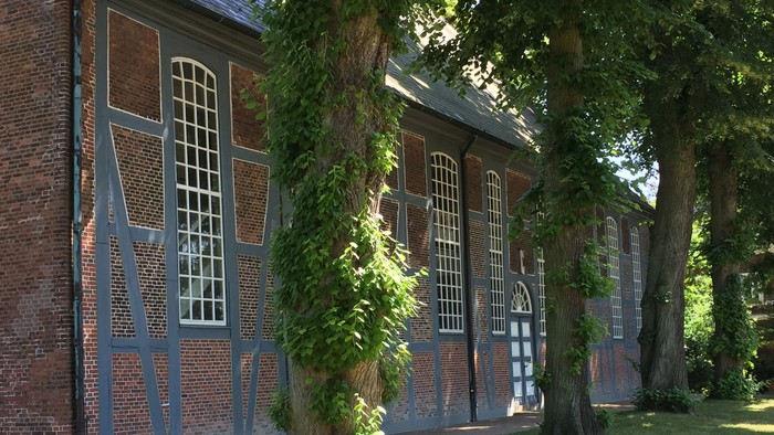 Altes Backsteingebäude mit blauen Fensterläden und Kletterpflanzen
