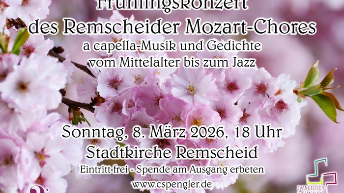 Plakat für das Frühlingskonzert des Remscheider Mozart-Chores mit A-cappella-Musik und Lyrik von mittelalterlich bis Jazz, am 8. März 2026.