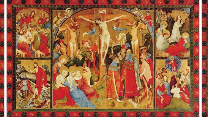 Mittelalterliche religiöse Kunst, die verschiedene biblische Szenen im Triptychon-Format darstellt.