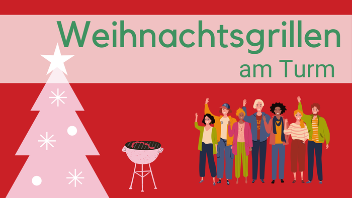 Clipbild mit Weihnachtsbaum, Grill und vielen Menschen auf rotem Hintergrund