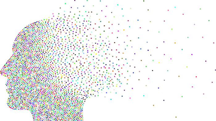 Ein farbenfroher, pixeliger Kopf vor schwarzem Hintergrund